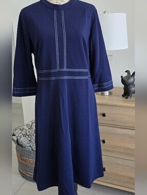 Women's Navy Long-Sleeve A-Line Dress with Contrast Stitching